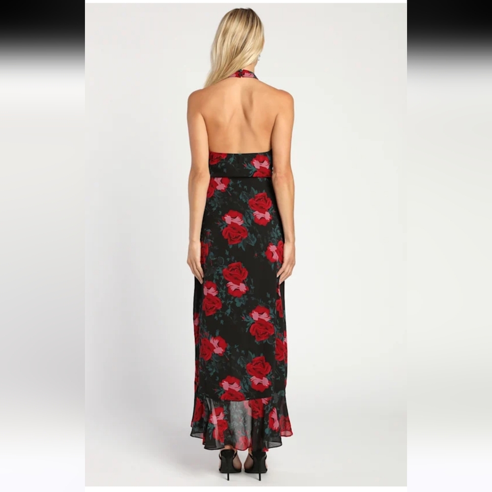 Lulu's Elegant Y2K Vibes Entrance Black Red Floral Print Halter Maxi Dress S - Picture 2 of 12